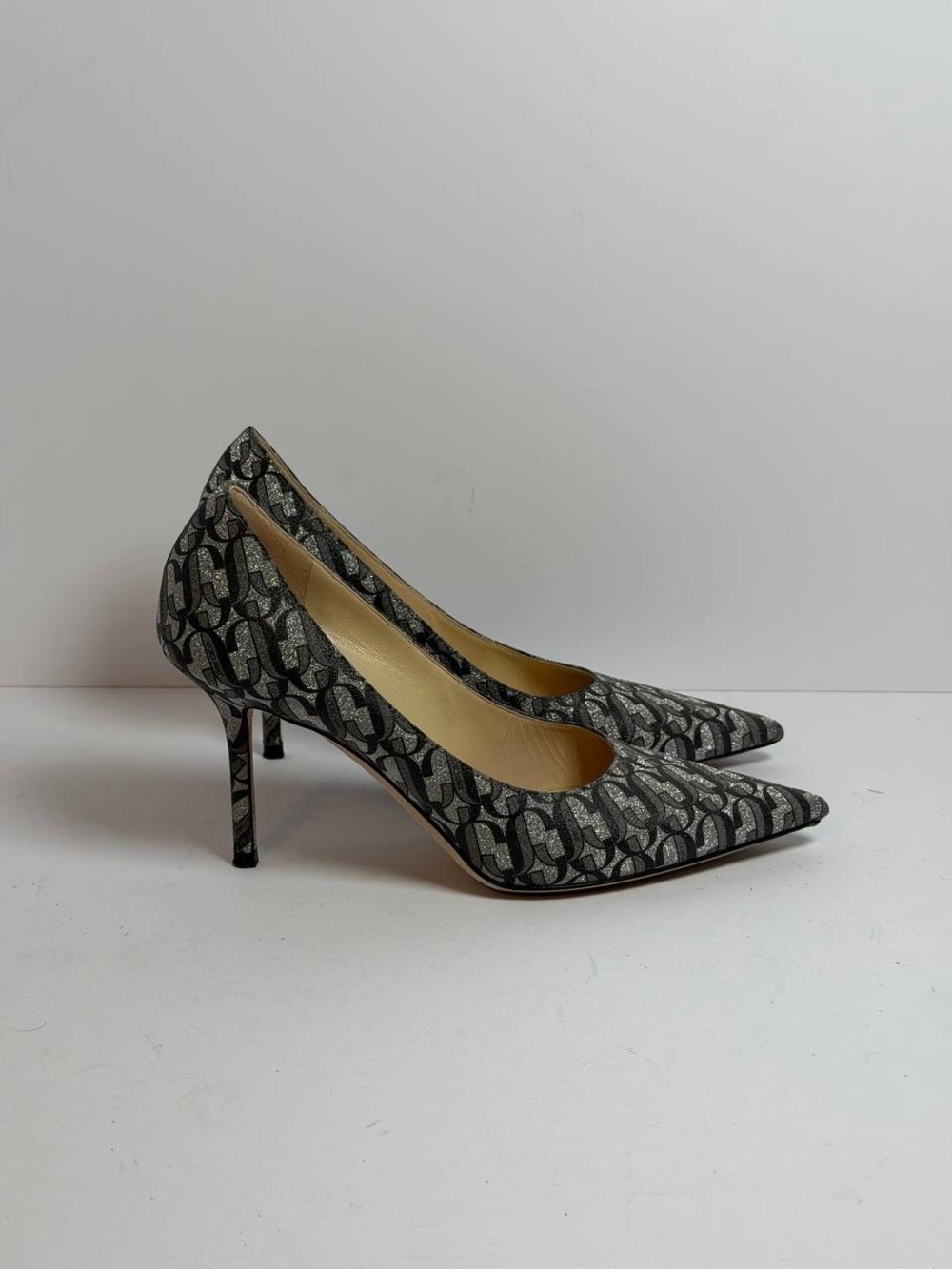 Jimmy Choo Love Pumps Silver Glitter Monogram Fabric Heels Size 36.5